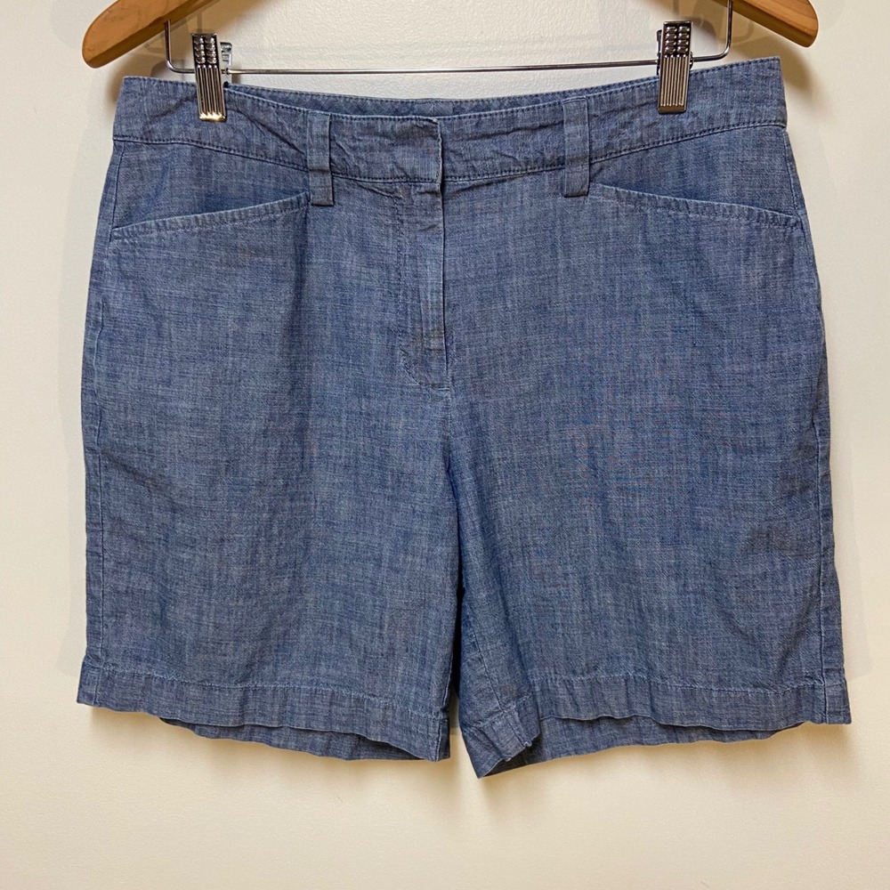 Lands' End Chambray Shorts Women 8 Blue Mid Rise 100% Cotton Casual Preppy